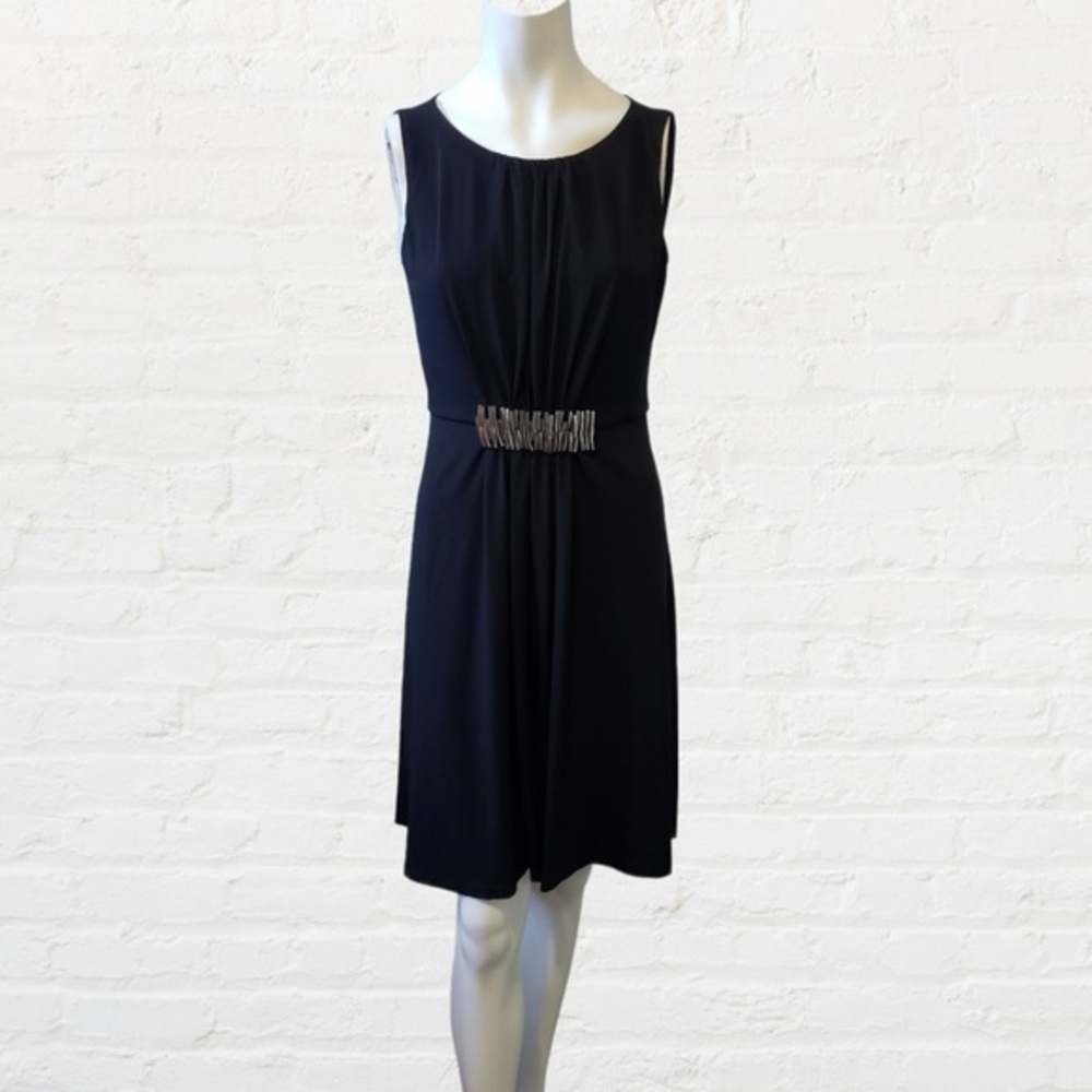 Calvin Klein black sleeveless crew neckline A line dress w metal details